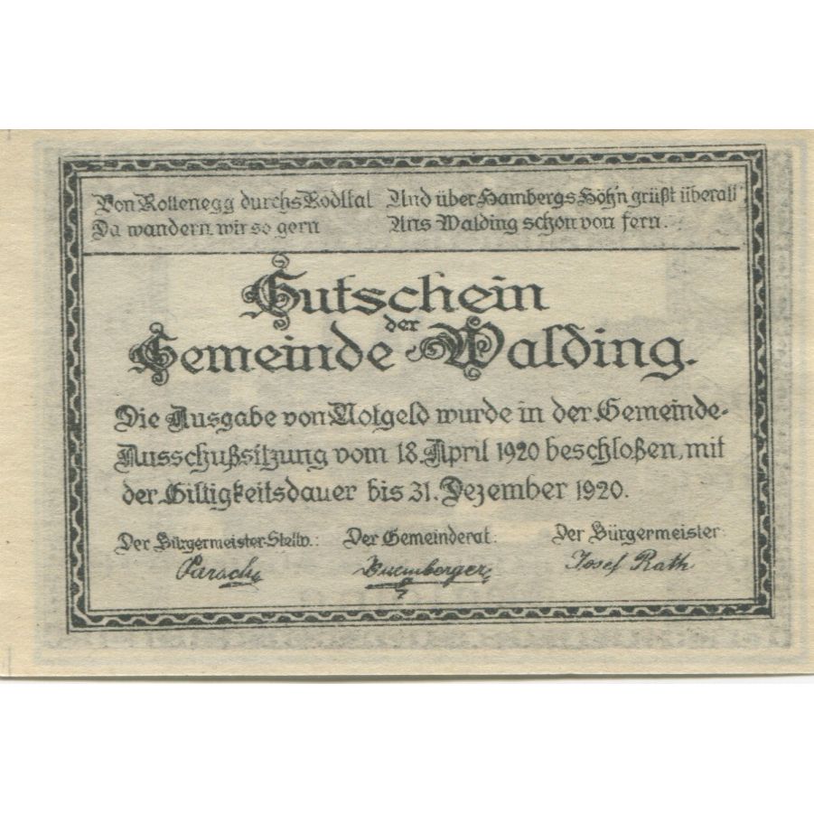 Billete, Austria, Walding, 50 Heller, village 1920-12-31, SC Mehl:FS 1132c