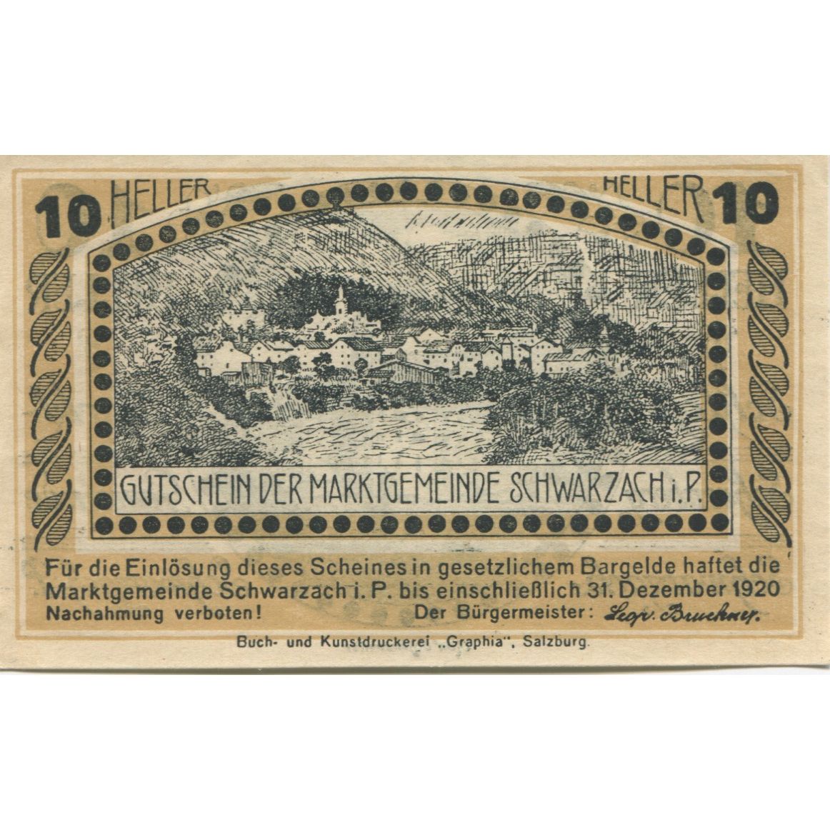 Billete, Austria, Schwarzach, 10 Heller, château 1920-12-31, SC Mehl:FS 978