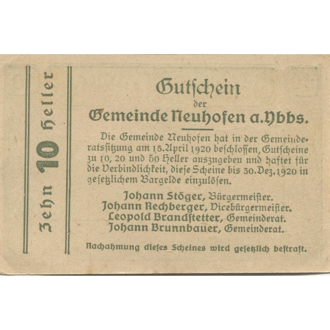 Billete, Austria, Neuhofen, 10 Heller, paysage 1920-12-30, SC, Mehl:FS 650d