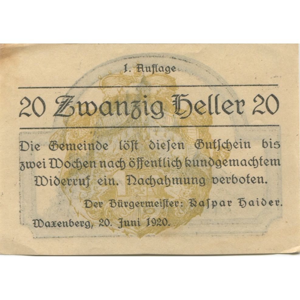 Billete, Austria, Waxenberg, 20 Heller, château, 1920, EBC+, Mehl:FS 1144I
