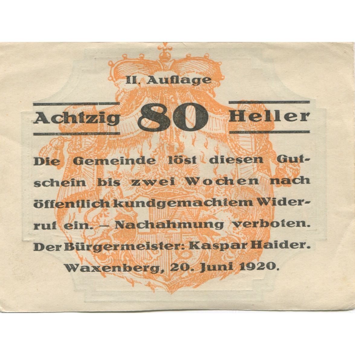 Billete, Austria, Waxenberg, 80 Heller, place, 1920, EBC, Mehl:FS 1144II