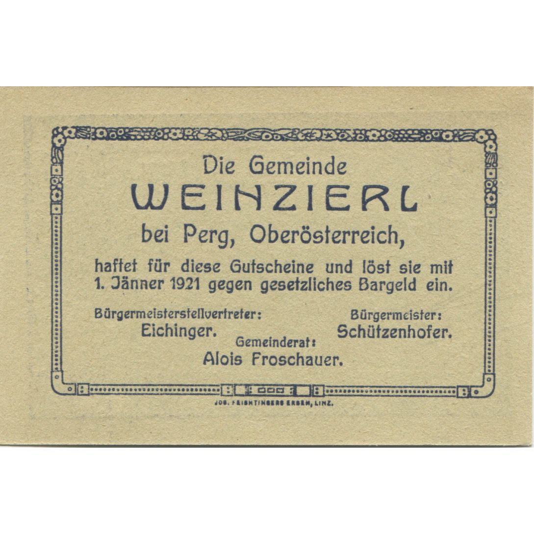 Billete, Austria, Weinzierl, 20 Heller, champs, 1921, SC, Mehl:FS 1152a