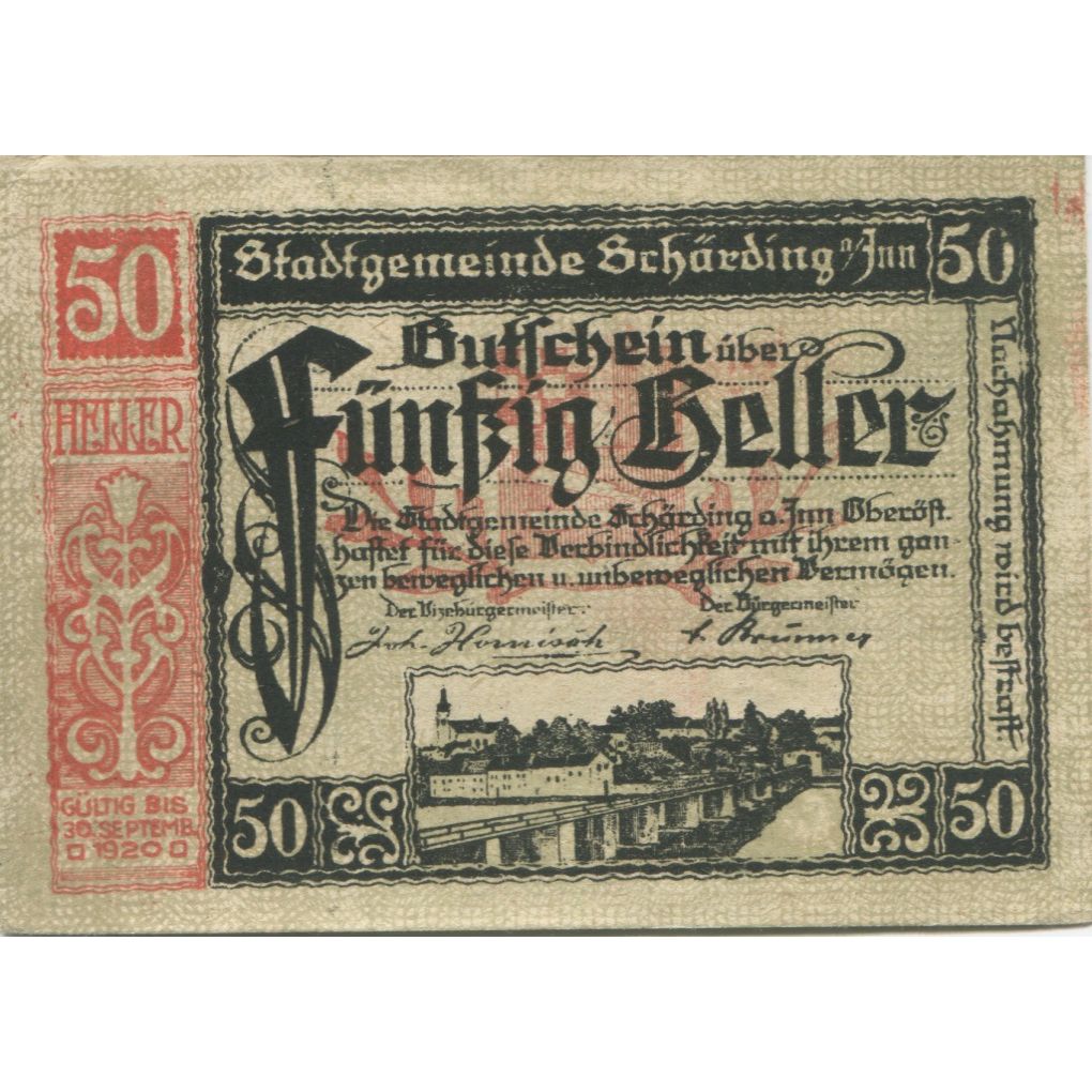 Billete, Austria, Schärding, 50 Heller, fleuve 1920-09-30, SC, Mehl:FS 951I