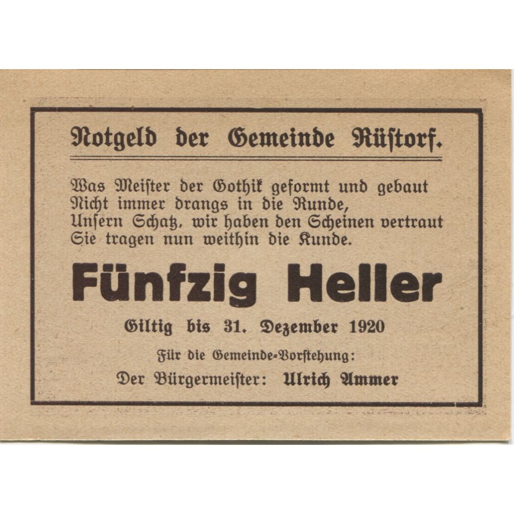 Billete, Austria, Rustorf, 50 Heller, porte, 1920, 1920-12-31, SC, Mehl:FS 856I