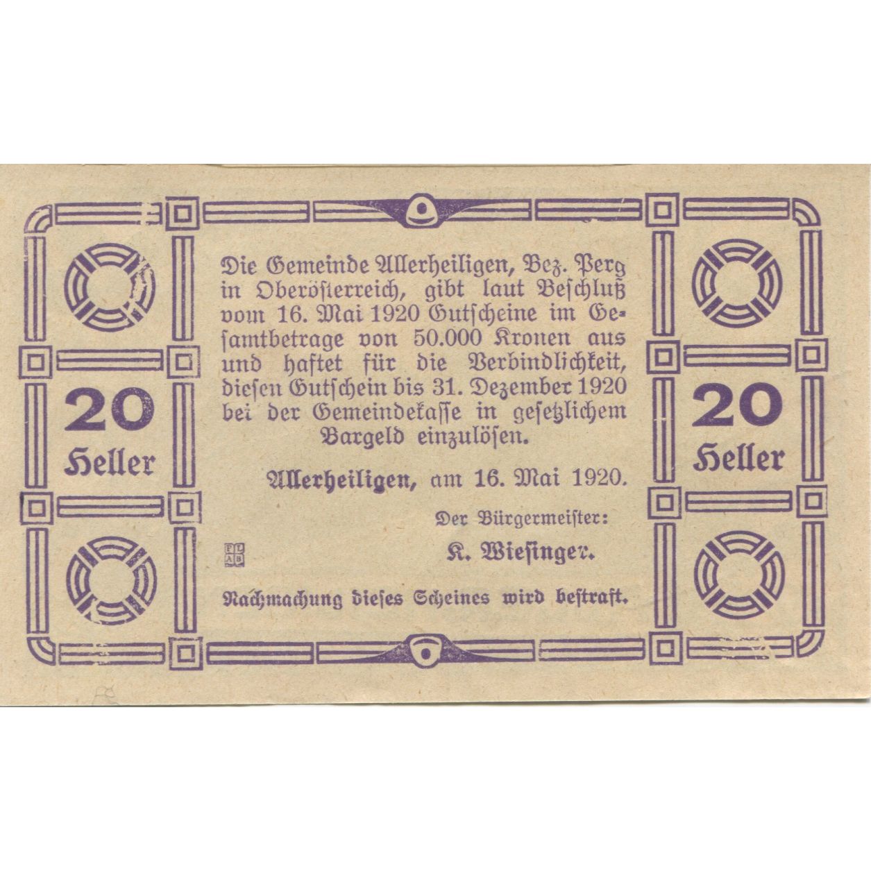 Billete, Austria, Allerheiligen, 20 Heller, Eglise 1920-12-31, SC Mehl:FS 21a3
