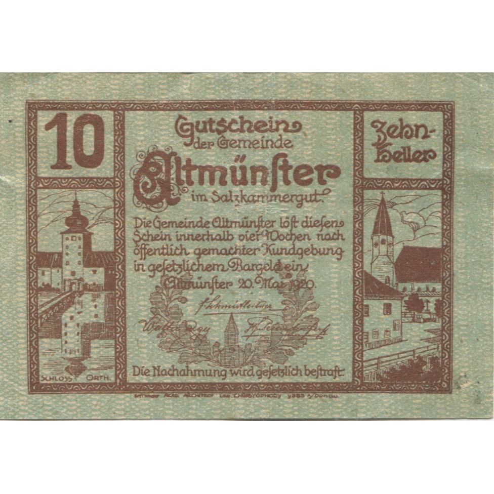 Billete, Austria, Altmünster, 10 Heller, Eglise 1920-05-20, SC, Mehl:FS 34a