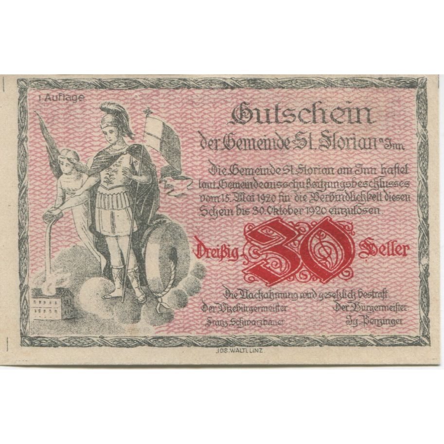 Billete, Austria, St Florian, 30 Heller, personnage, 1920 SC Mehl:FS 881a