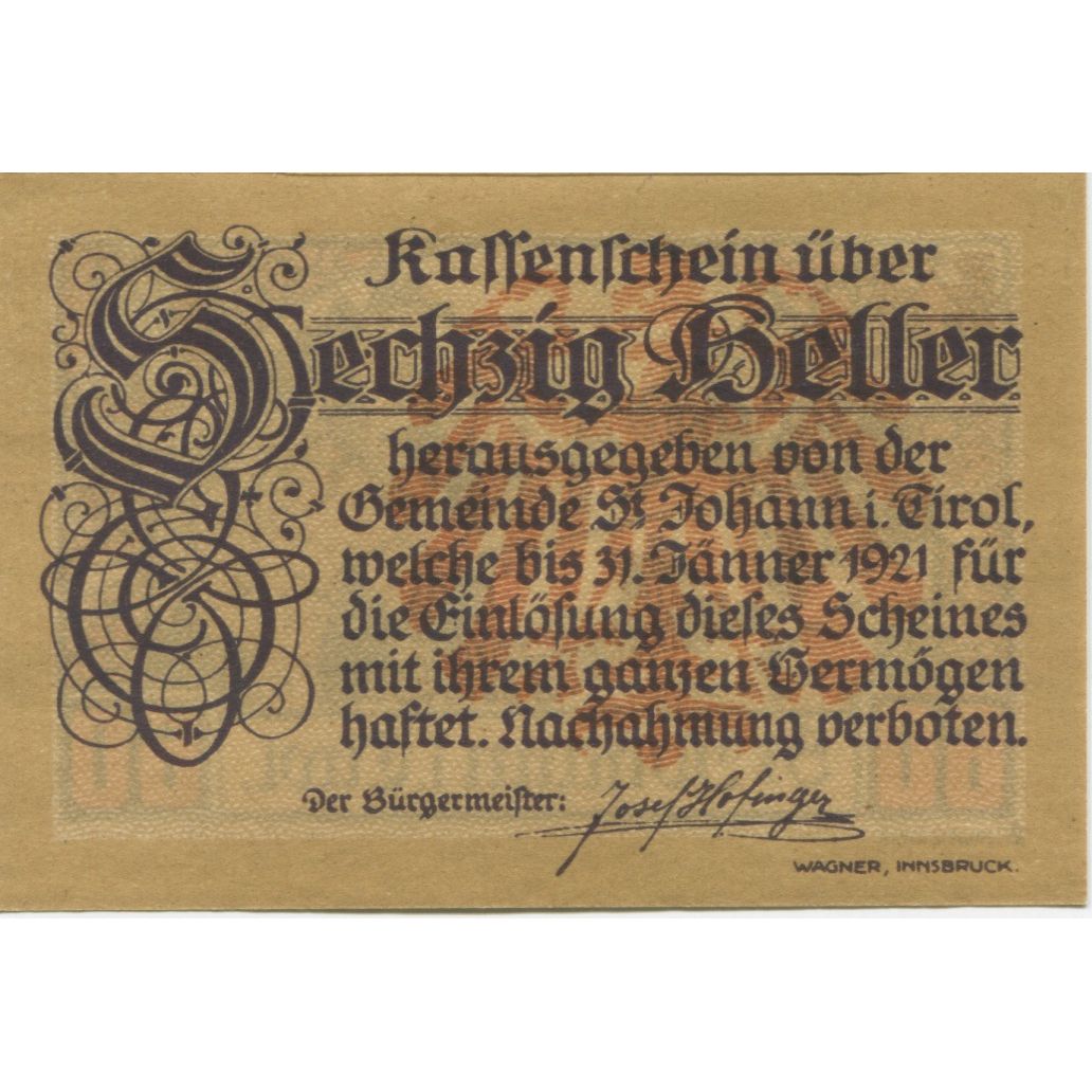 Billete, Austria, St Johann, 60 Heller, Eglise 1921-01-31, SC, Mehl:FS 898b