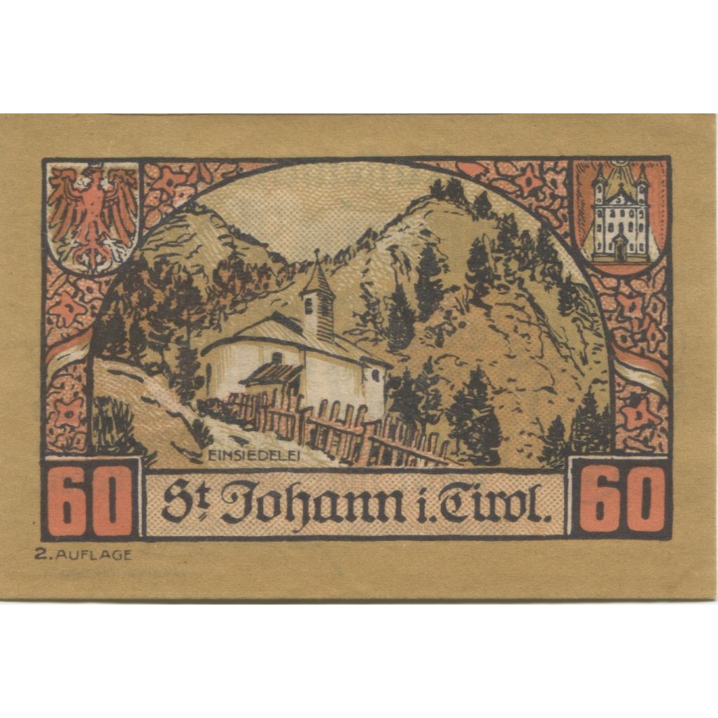 Billete, Austria, St Johann, 60 Heller, Eglise 1921-01-31, SC, Mehl:FS 898b