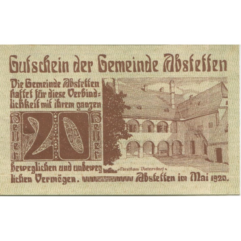 Billete, Austria, Abstetten, 20 Heller, monastère 1920-12-31, SC Mehl:FS 2a