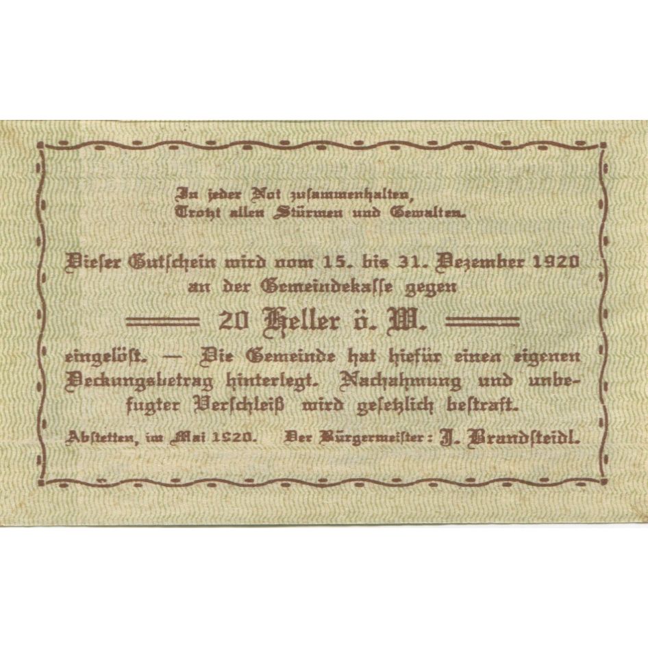 Billete, Austria, Abstetten, 20 Heller, monastère 1920-12-31, SC Mehl:FS 2a