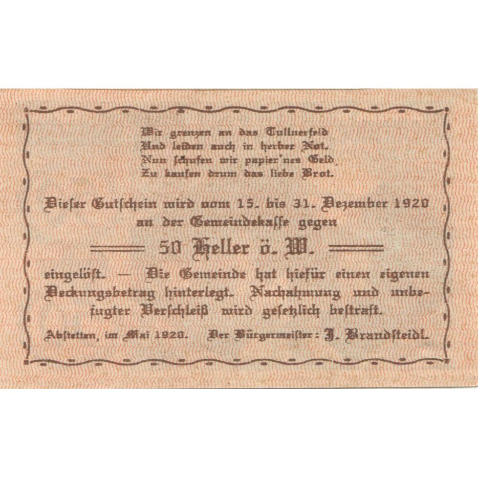 Billete, Austria, Abstetten, 50 Heller, parchemin 1920-12-31, SC, Mehl:FS 2a