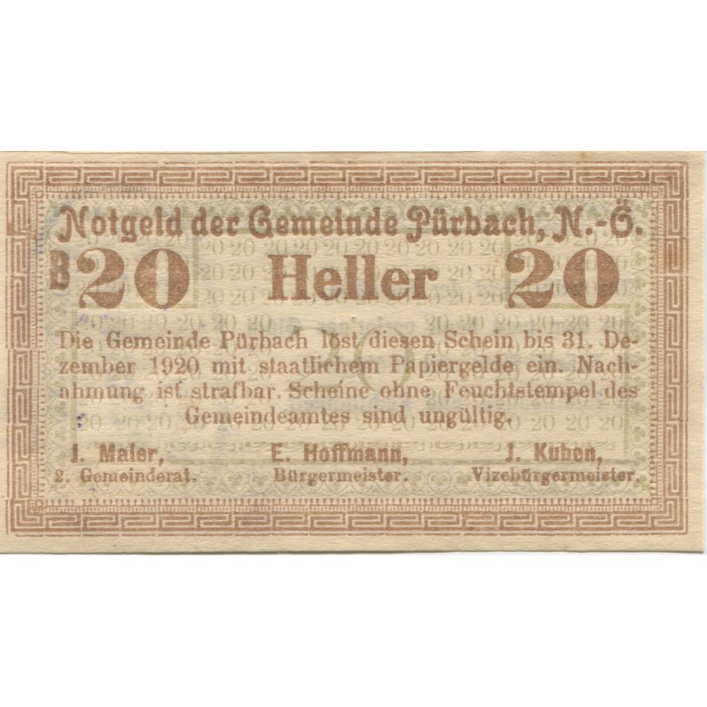 Billete, Austria, Pürbach, 20 Heller, valeur faciale, 1920 SC Mehl:FS 793II