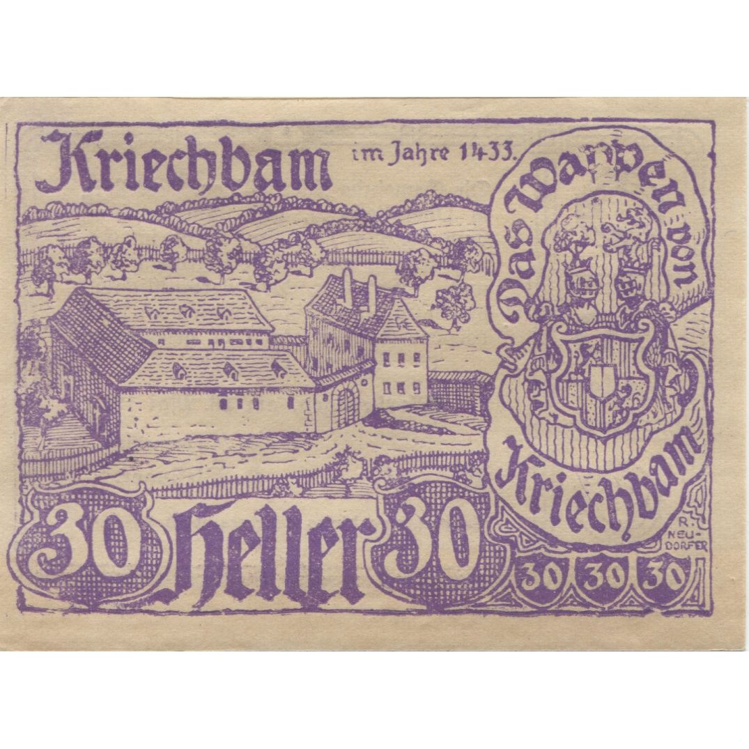 Billete, Austria, Kriechbam, 30 Heller, Blason 1920-05-16, SC, Mehl:FS 21a