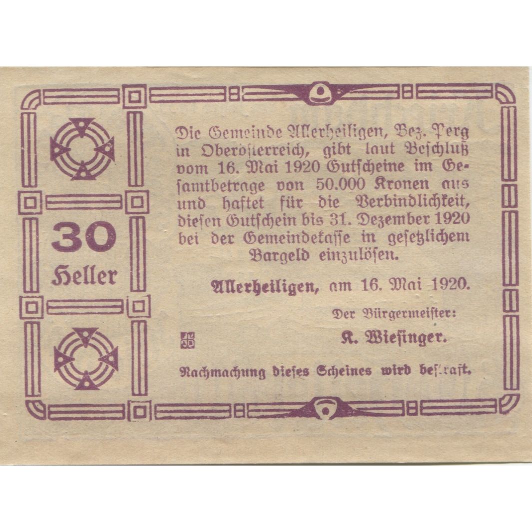 Billete, Austria, Kriechbam, 30 Heller, Blason 1920-05-16, SC, Mehl:FS 21a