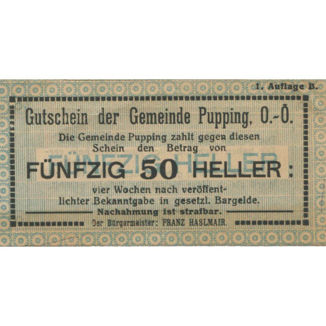 Billete, Austria, Pupping, 50 Heller, valeur faciale, 1920, EBC, Mehl:FS 792