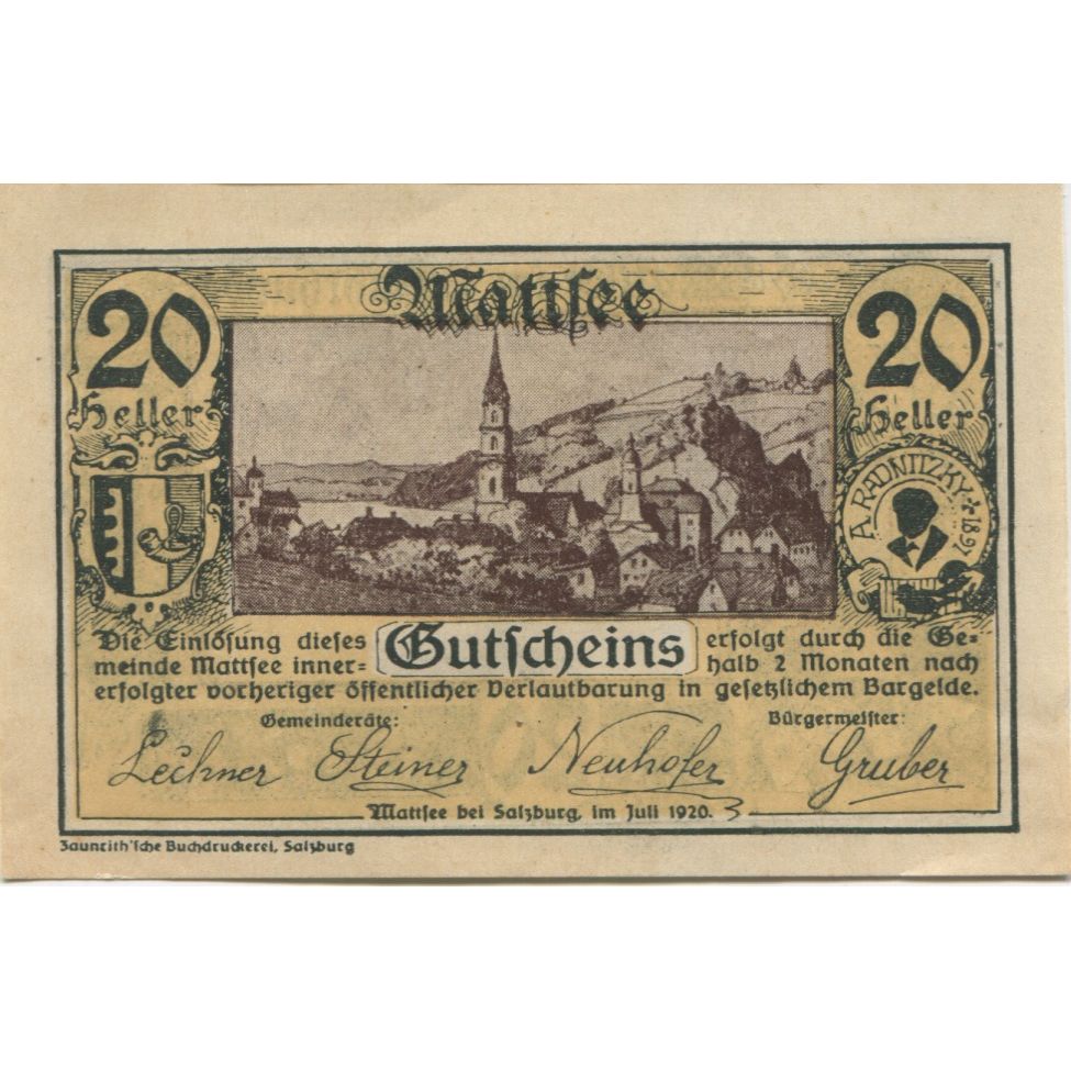 Billete, Austria, Mattsee, 20 Heller, village, 1920, SC, Mehl:FS 596a