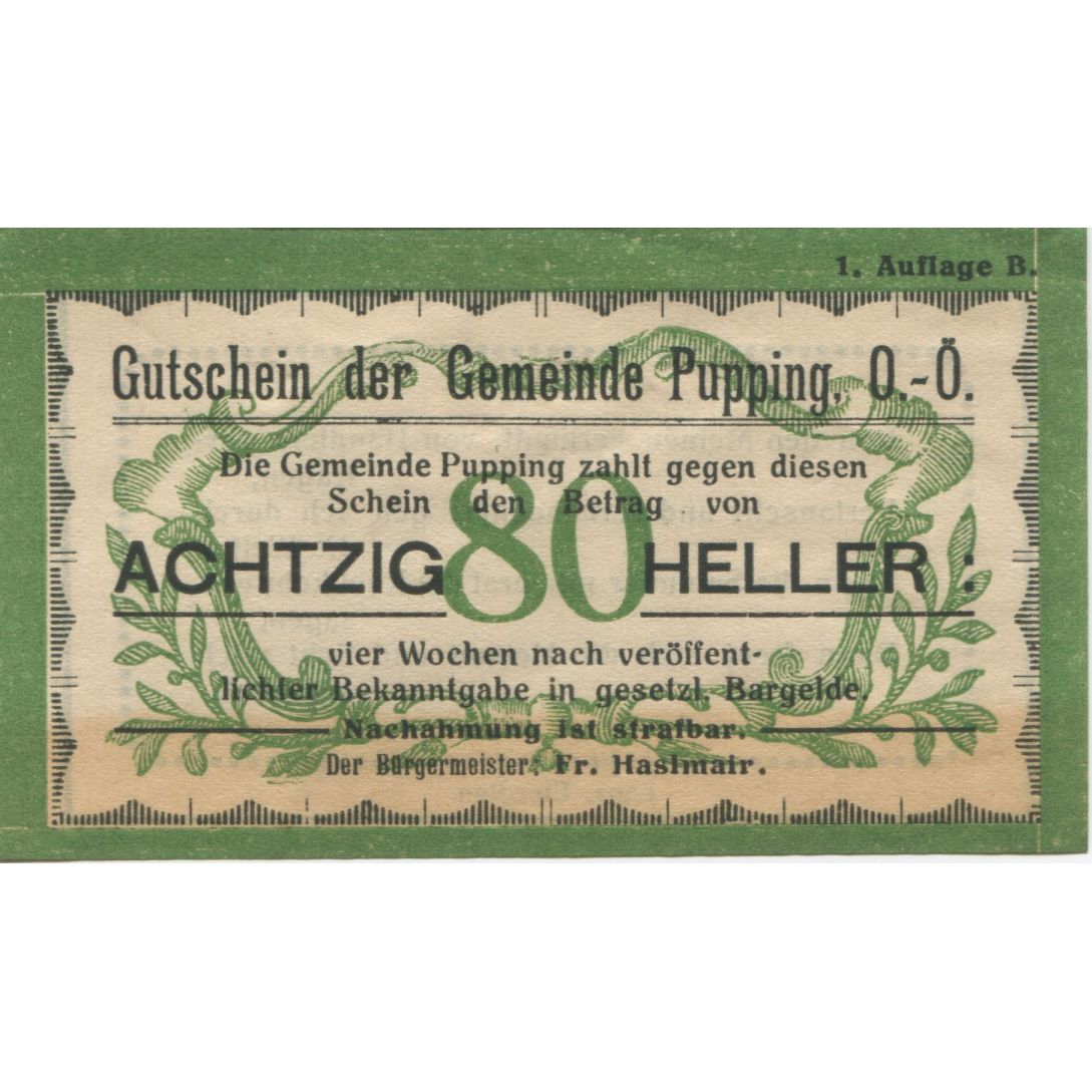 Billete, Austria, Pupping, 80 Heller, valeur faciale, 1920, EBC, Mehl:FS 792