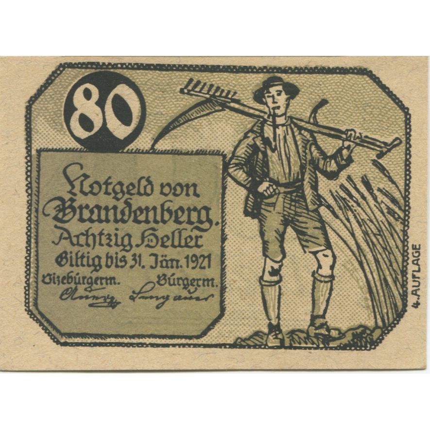 Billete, Austria, Brandenberg, 80 Heller, blé 1921-01-31, SC, Mehl:FS 99c