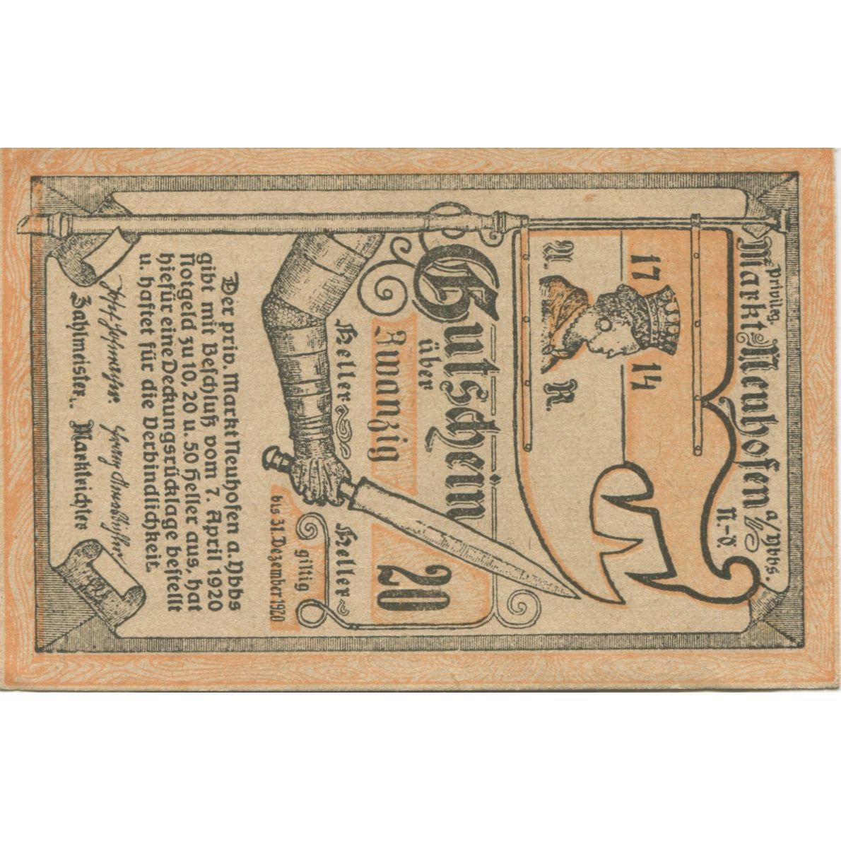 Billete, Austria, Neuhofen, 20 Heller, épée 1920-12-31, SC Mehl:FS 651c
