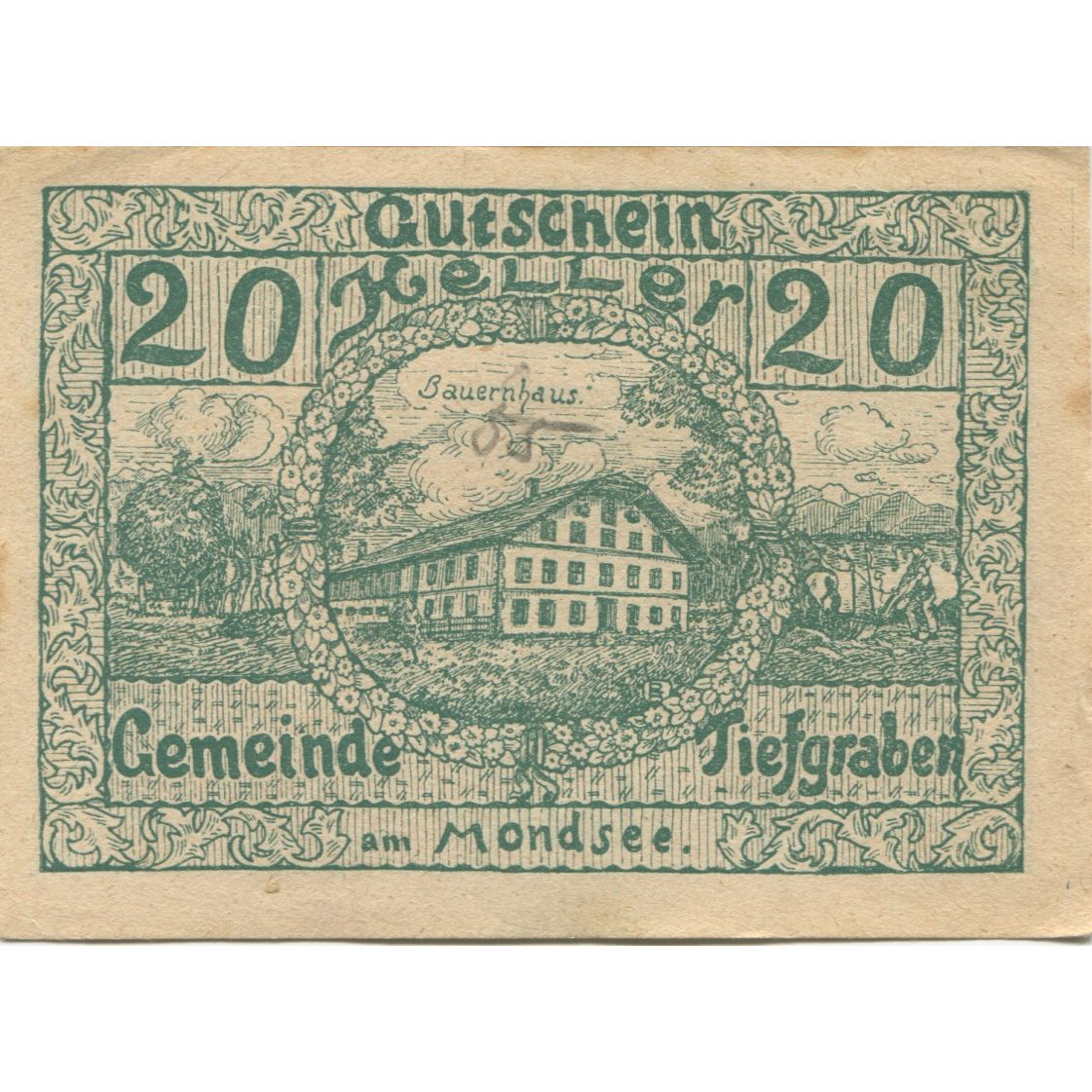 Billete, Austria, Tiefgraben, 20 Heller, chalet, 1920, EBC, Mehl:FS 1071