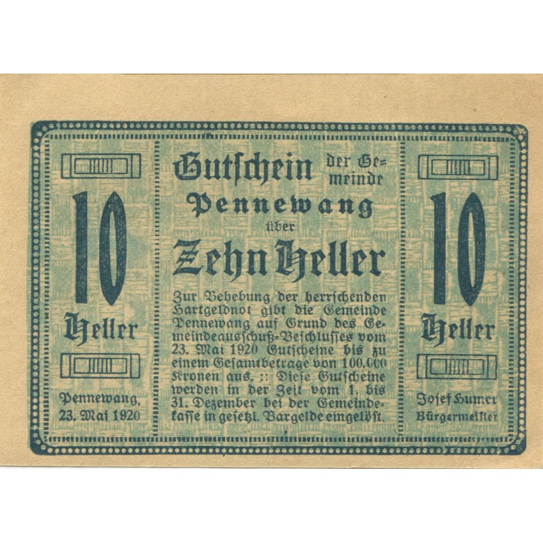 Banknote, Austria, Pennewang, 10 Heller, Fleur, 1920 UNC(63) Mehl:FS 727a