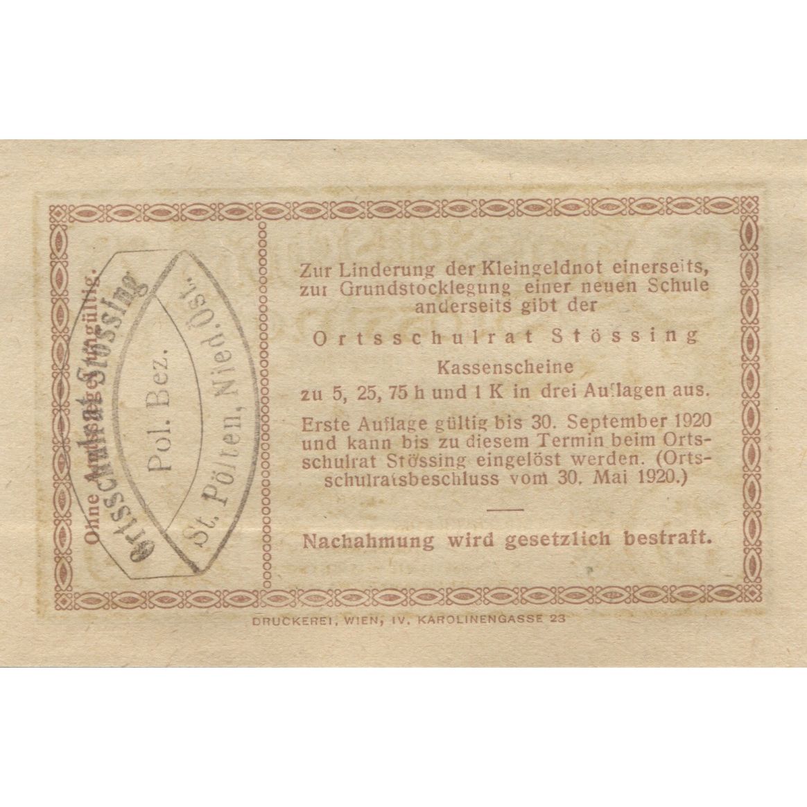Billete, Austria, Stossing, 75 Heller, montagne 1920-09-30, SC Mehl:FS 1040