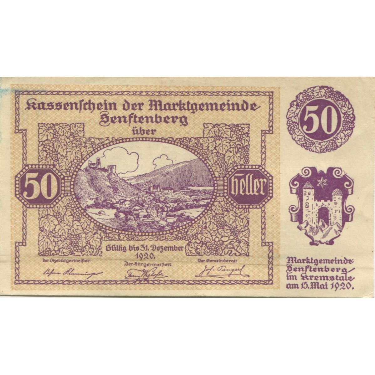 Billete, Austria, Senftenberg, 50 Heller, paysage 1920-12-31, EBC+ Mehl:FS 993d