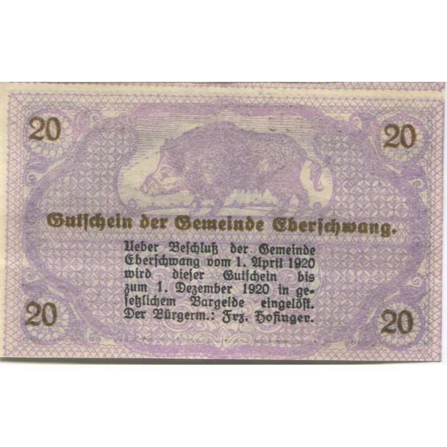 Billete, Austria, Eberschwang, 20 Heller, cochon, 1920 SC, Mehl:FS 145ax