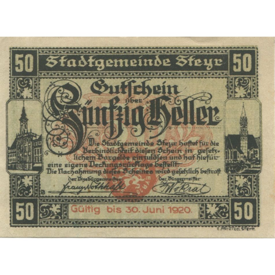Billete, Austria, Steyr, 50 Heller, Blason, 1920, 1920-06-30, SC, Mehl:FS 1034Ia