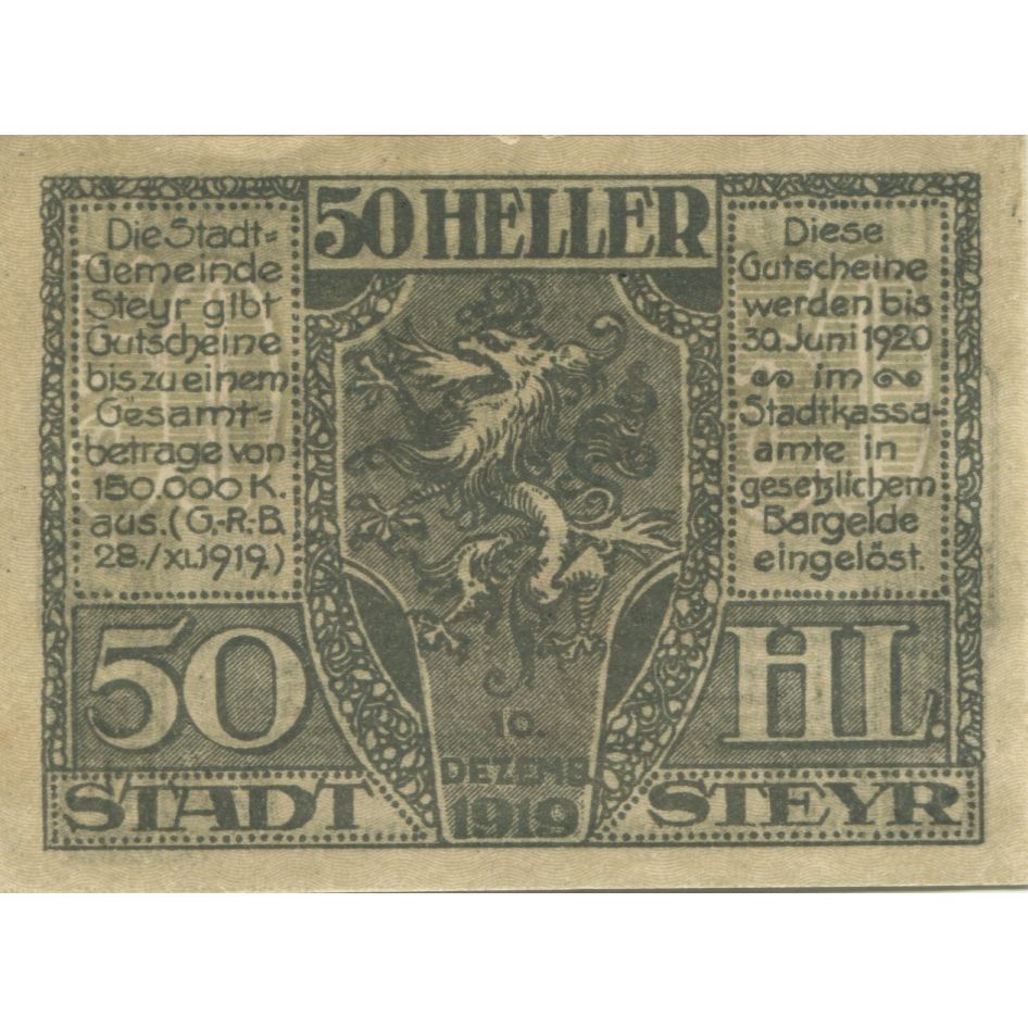 Billete, Austria, Steyr, 50 Heller, Blason, 1920, 1920-06-30, SC, Mehl:FS 1034Ia
