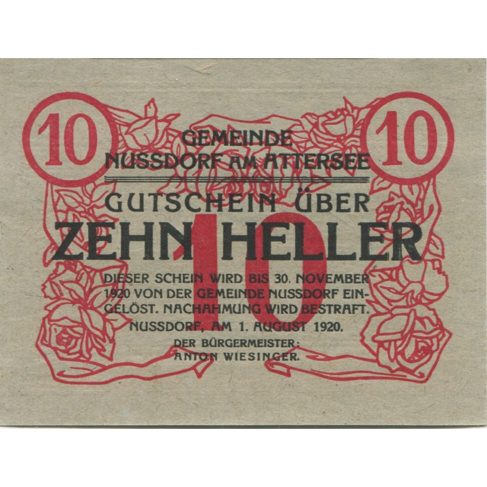Billete, Austria, Nussdorf am Attersee, 10 Heller, fleuve, 1920 SC Mehl:FS 677a