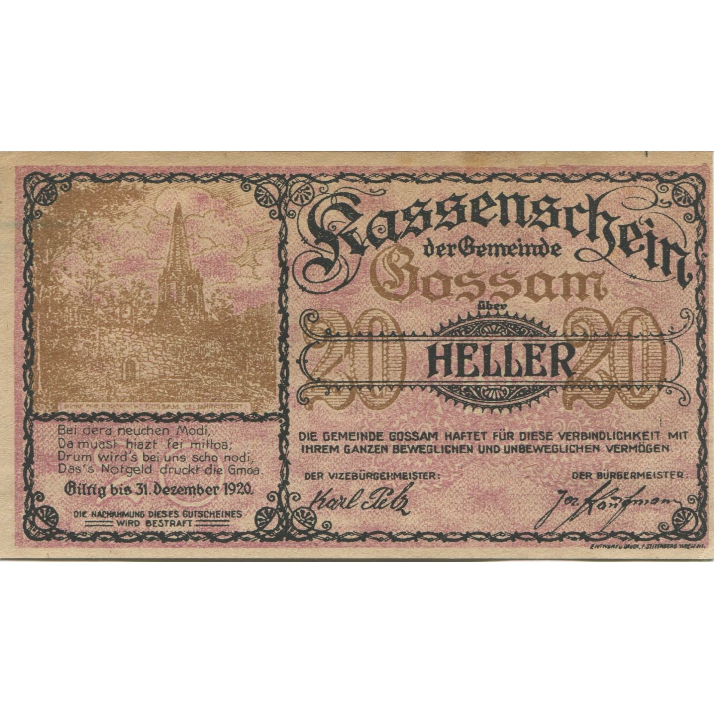Billete, Austria, Gossam, 20 Heller, Eglise, 1920, 1920-12-31, SC, Mehl:FS 252b