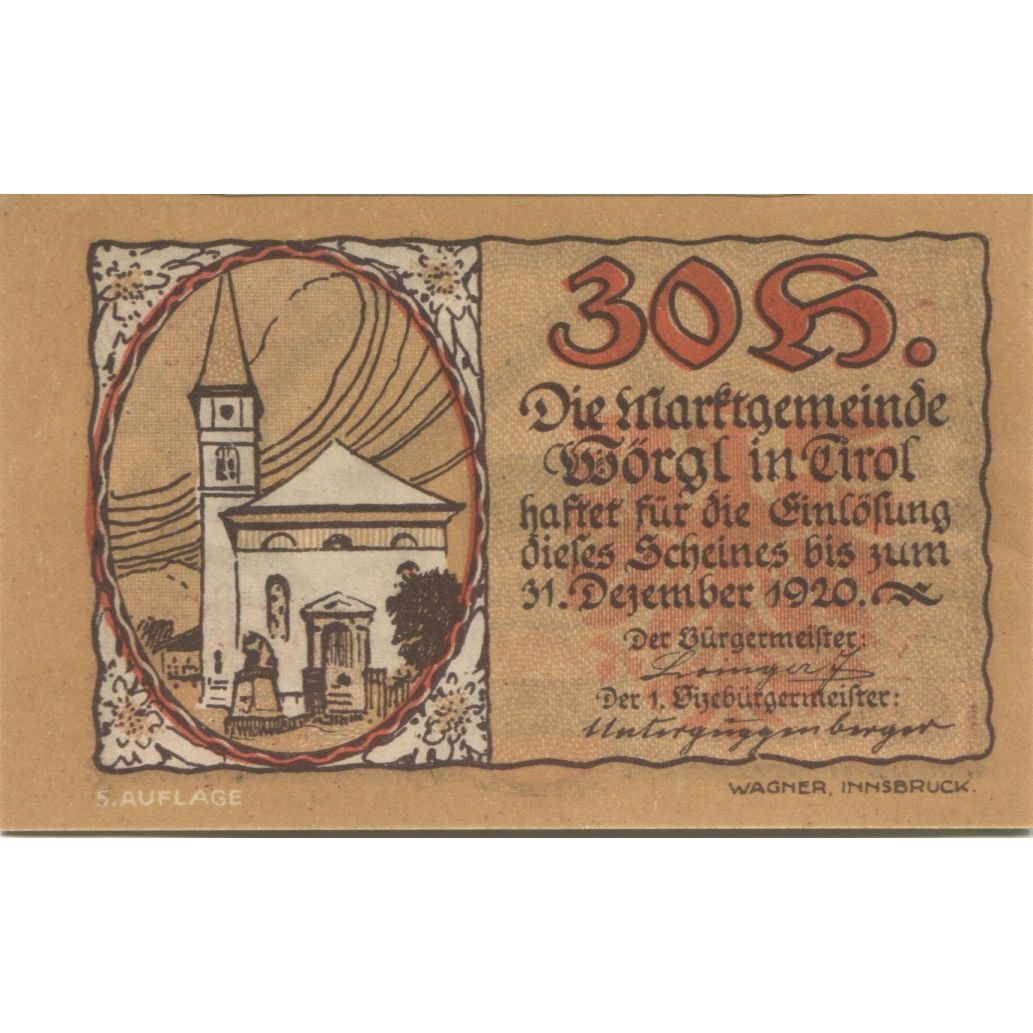 Billete, Austria, Worgl, 30 Heller, Eglise 1, 1920-12-30, SC Mehl:FS 1252a