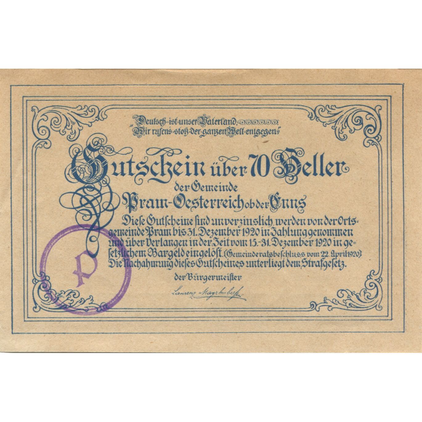 Billete, Austria, Pram, 70 Heller, château, 1920, 1920-12-31, SC, Mehl:FS 778a