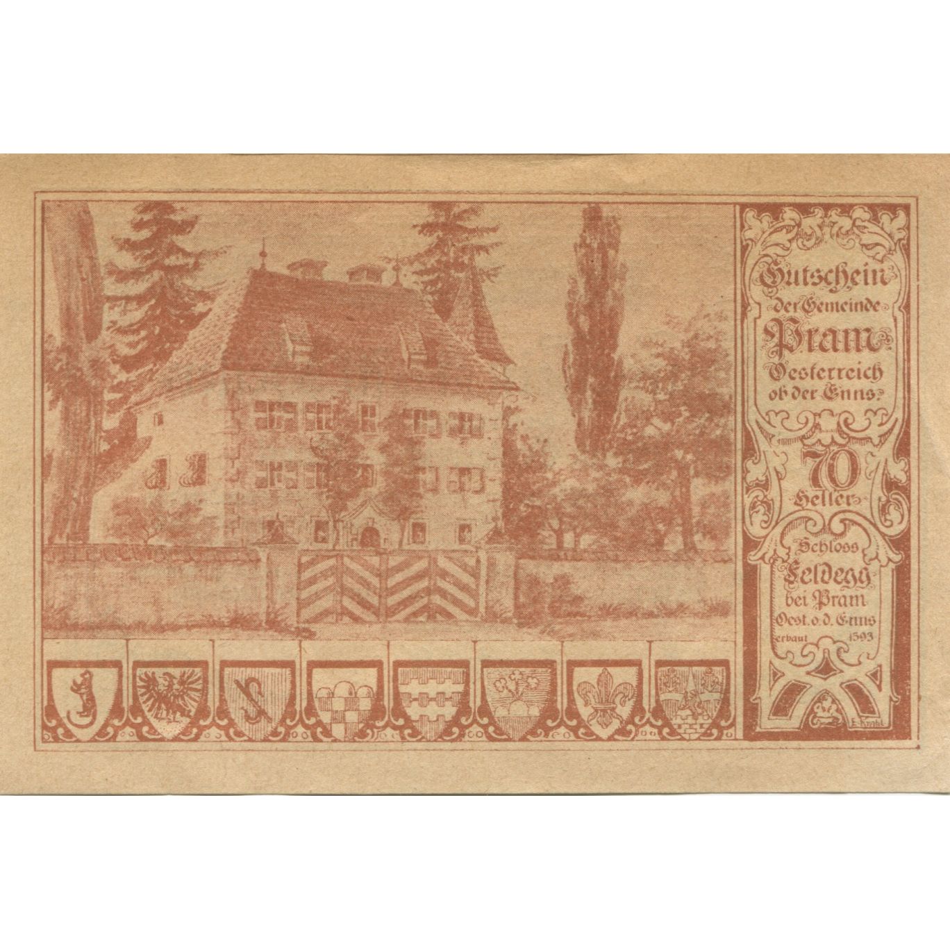 Billete, Austria, Pram, 70 Heller, château, 1920, 1920-12-31, SC, Mehl:FS 778a