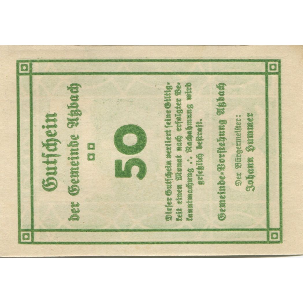Billete, Austria, Atzbach, 50 Heller, porte, 1920, SC, Mehl:FS 62a