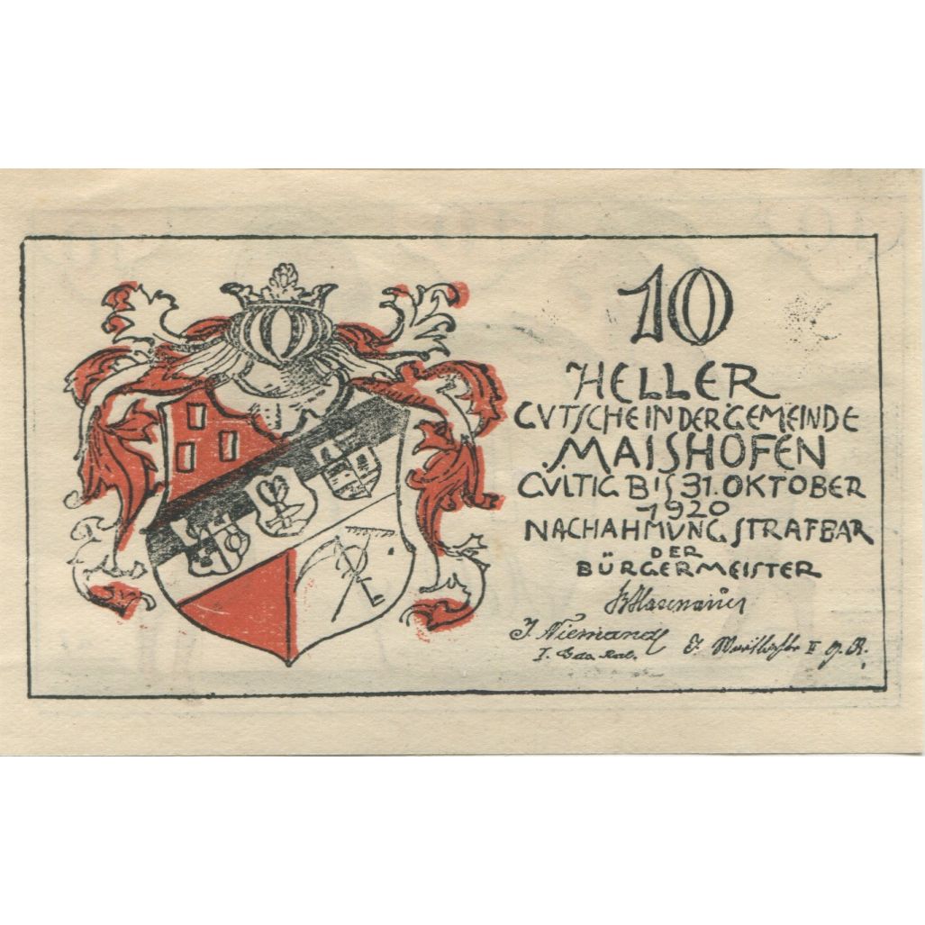 Billete, Austria, Maishofen, 10 Heller, Blason 1920-10-31, SC, Mehl:FS 572