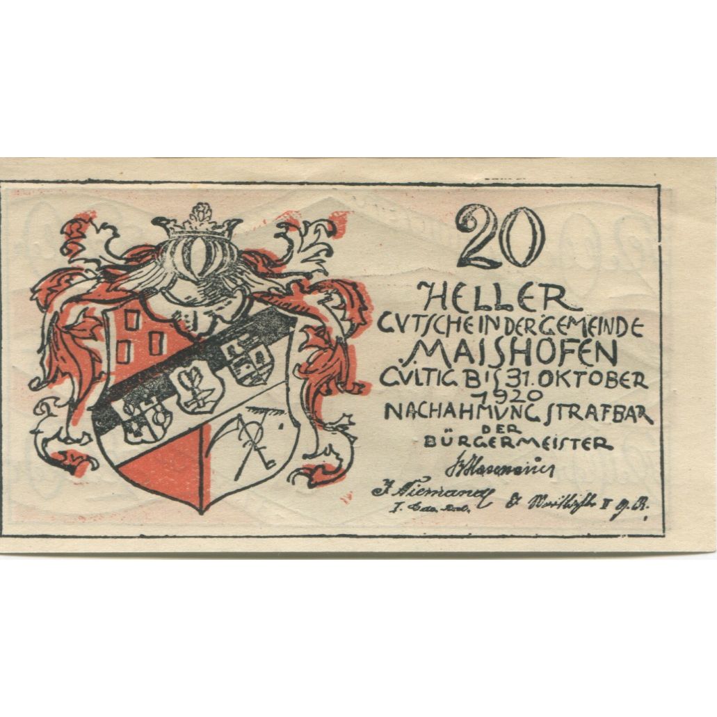 Billete, Austria, Maishofen, 20 Heller, vache, 1920, 1920-10-31, SC, Mehl:FS 572