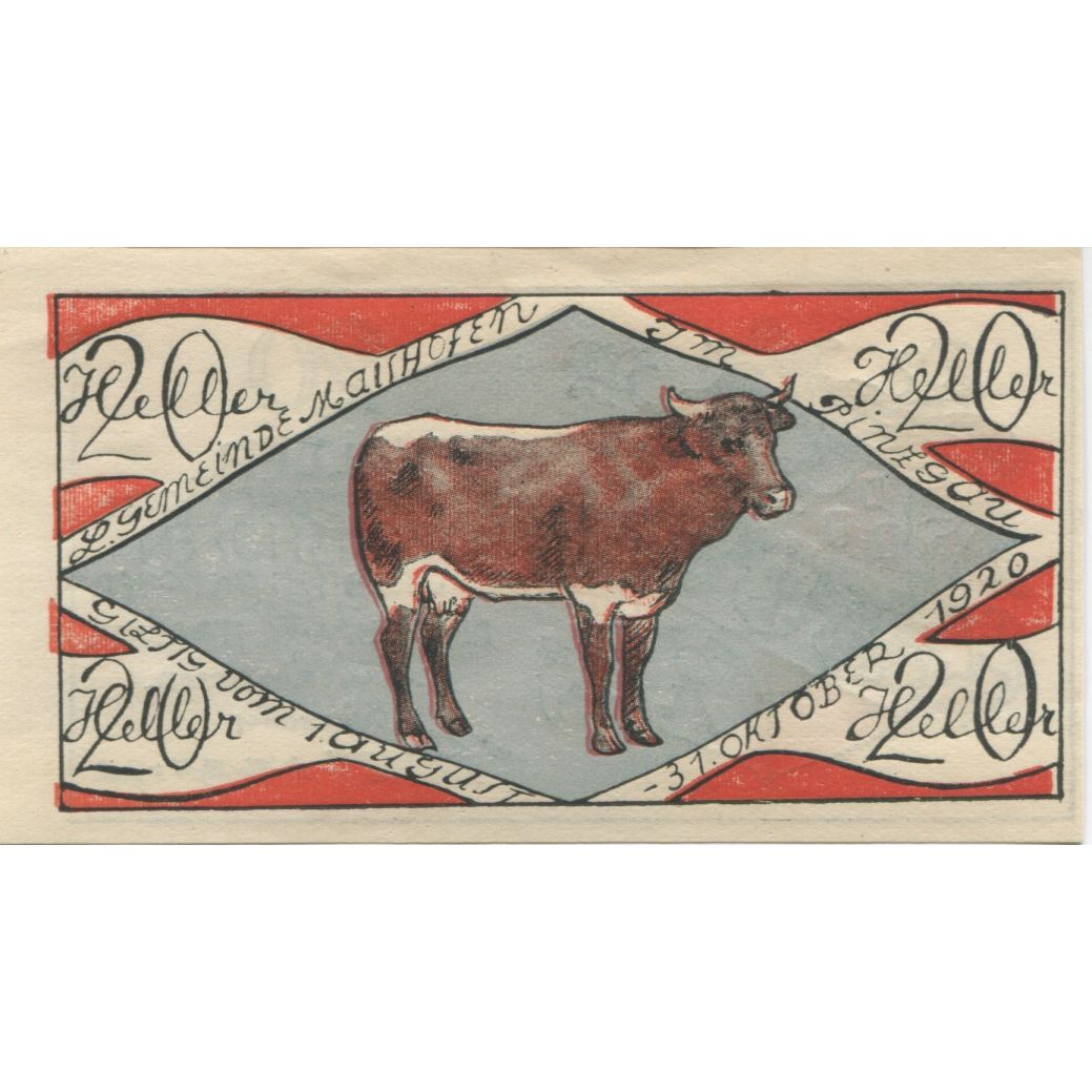 Billete, Austria, Maishofen, 20 Heller, vache, 1920, 1920-10-31, SC, Mehl:FS 572