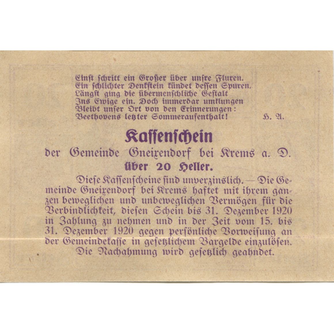 Billete, Austria, Gneixendorf, 20 Heller, Monument 1920-12-31, EBC Mehl:FS 241