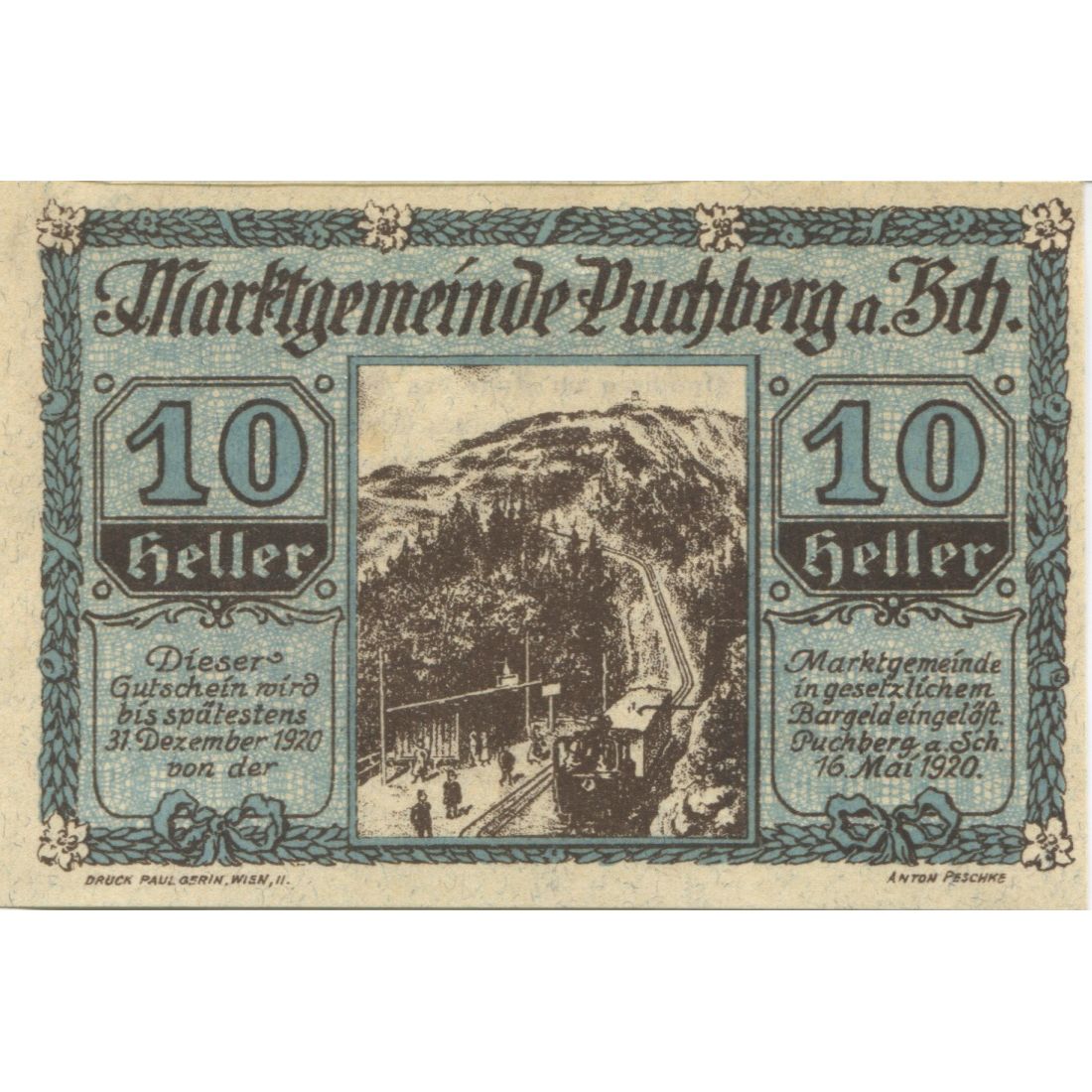Billete, Austria, Puchberg, 10 Heller, gare, 1920, 1920-12-31, SC, Mehl:FS 786a