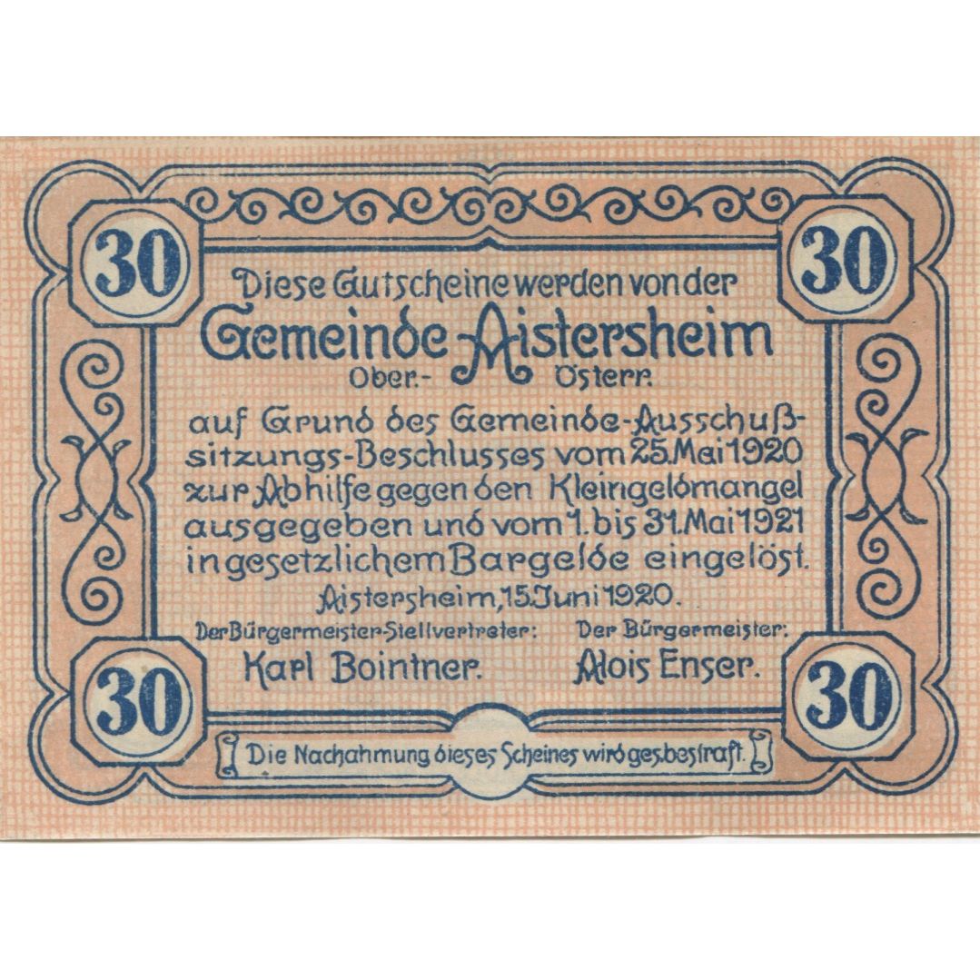Billete, Austria, Aistersheim, 30 Heller, mairie 1921-05-31, SC, Mehl:FS 15b
