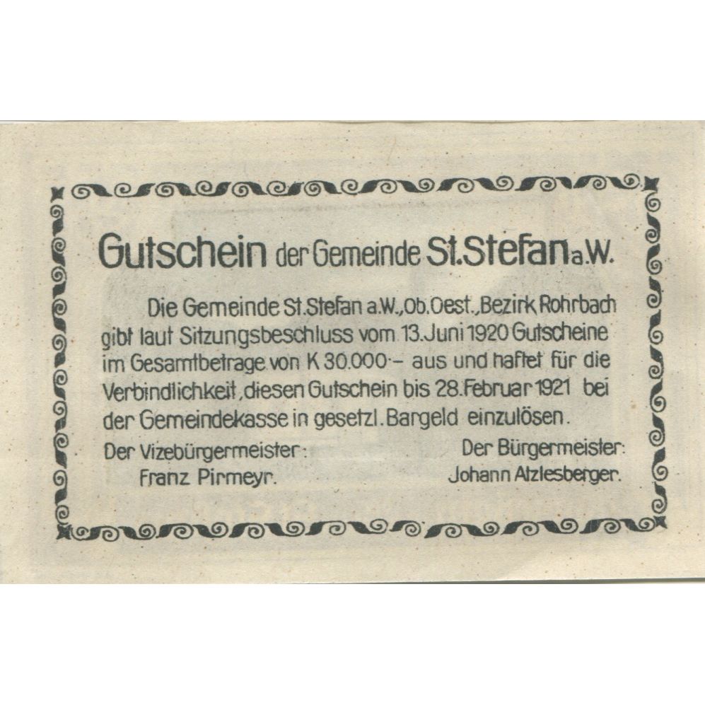 Billete, Austria, St Stefan, 20 Heller, village 1921-02-28, SC, Mehl:FS 937a