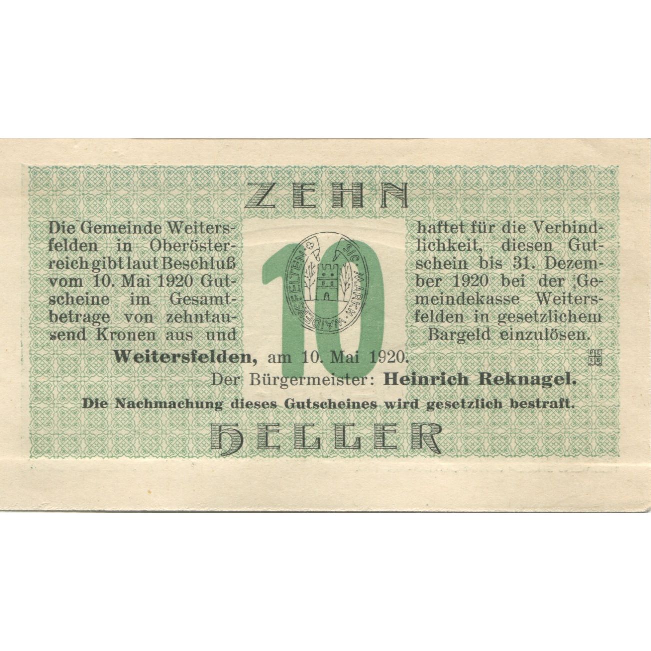 Billete, Austria, Weitersfelden, 10 Heller, village, 1920, SC Mehl:FS 1164a