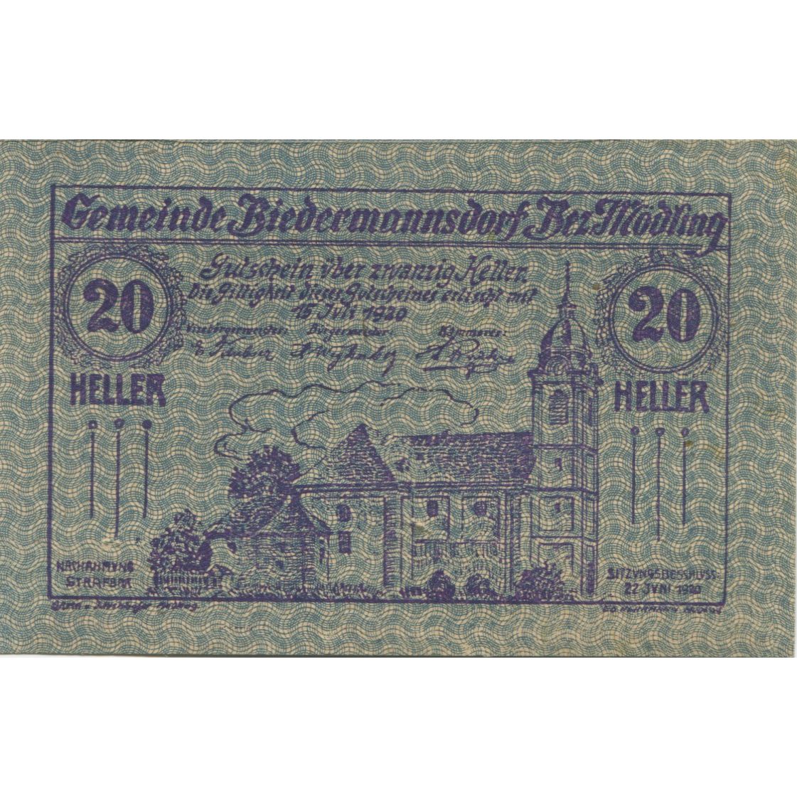 Geldschein, Österreich, Biedermannsdorf 20 Heller, Eglise, 1920 UNZ- Mehl:FS 87b