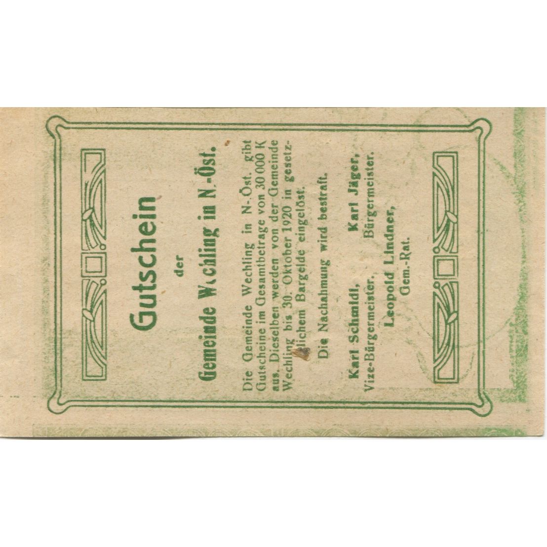 Billete, Austria, Wechling, 50 Heller, Eglise 1920-10-30, SC, Mehl:FS 1145a