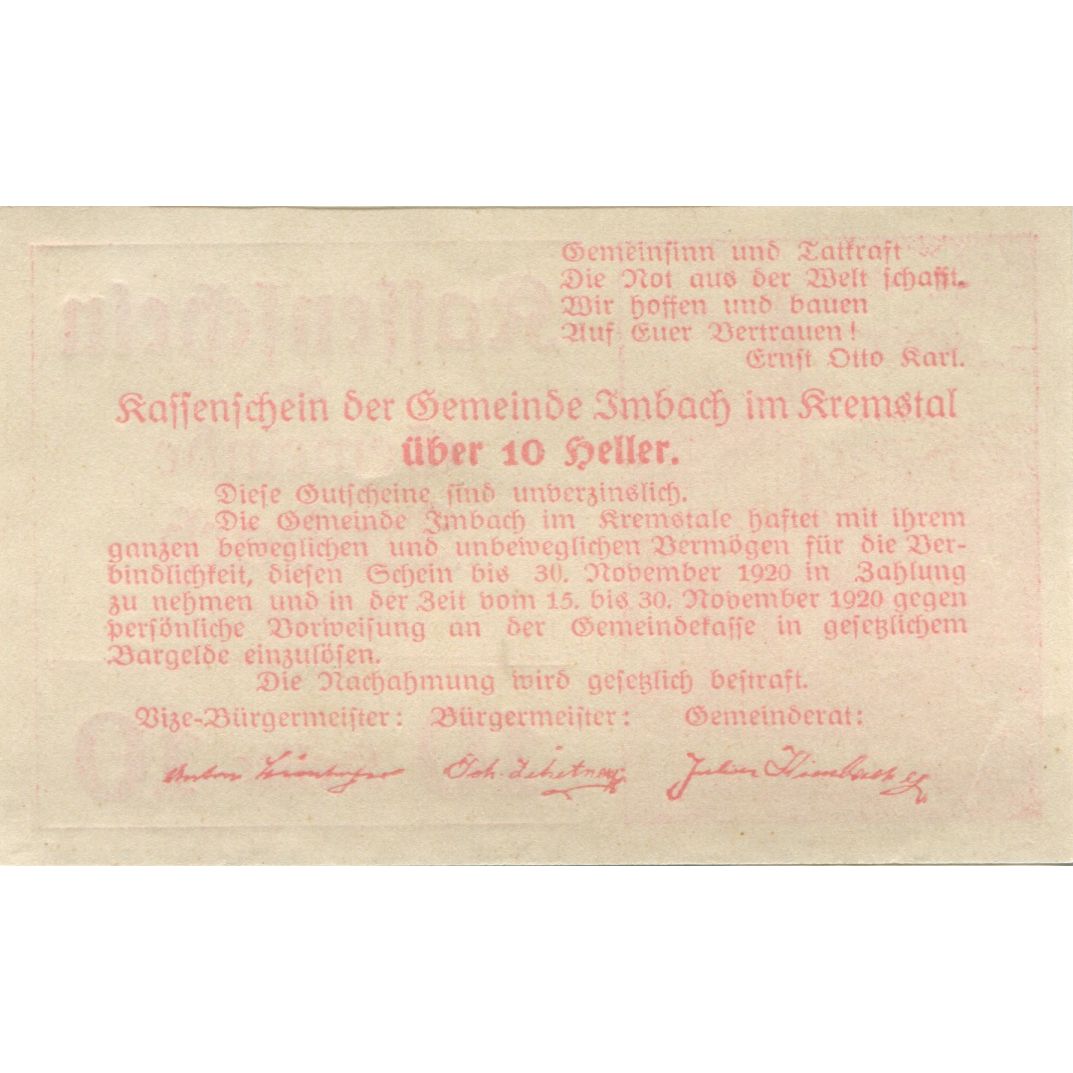 Billete, Austria, Imbach, 10 Heller, Eglise, 1920, 1920-12-31, SC, Mehl:FS 404II