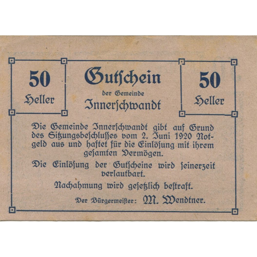 Billete, Austria, Innerchwandt, 50 Heller, fleuve, 1920, EBC, Mehl:FS 408