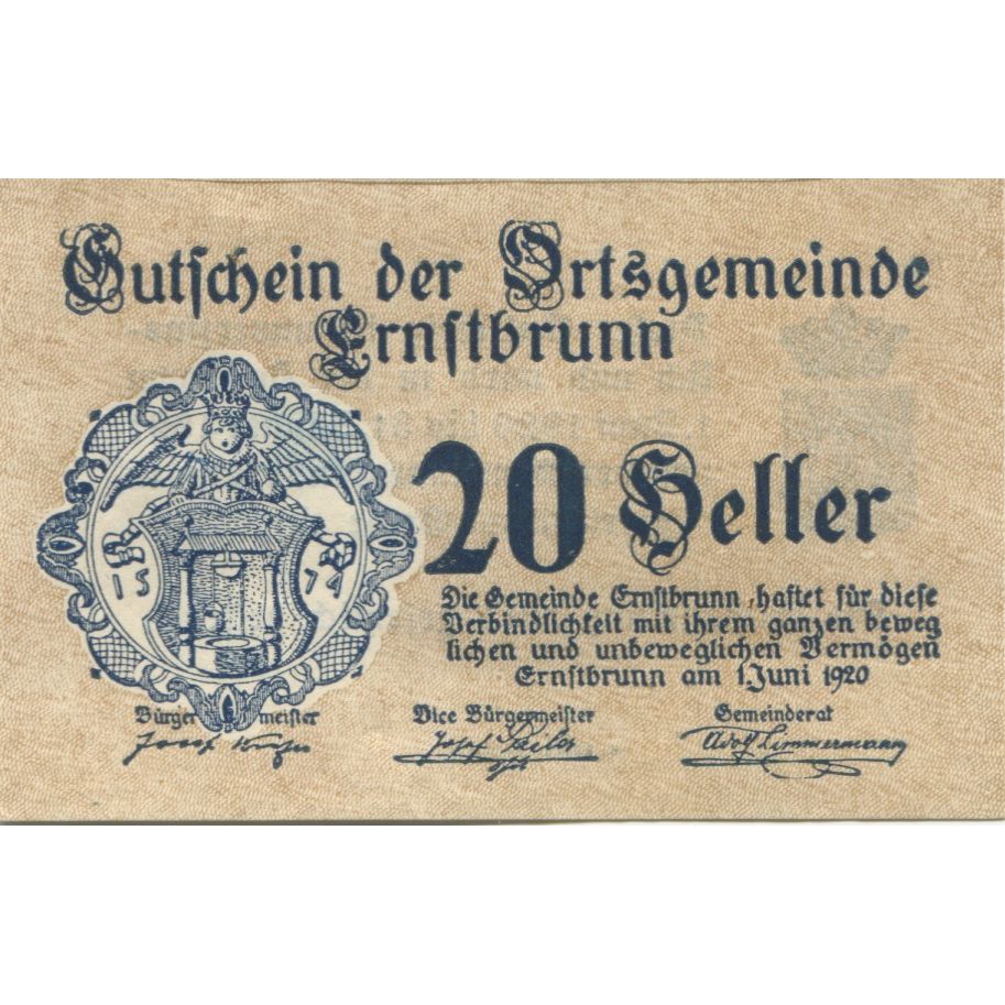 Billete, Austria, Ernstbrunn, 20 Heller, Blason 1921-01-31, SC, Mehl:FS 183a